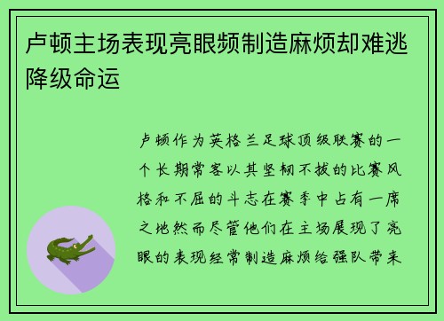 卢顿主场表现亮眼频制造麻烦却难逃降级命运