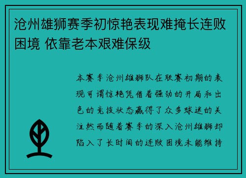 沧州雄狮赛季初惊艳表现难掩长连败困境 依靠老本艰难保级